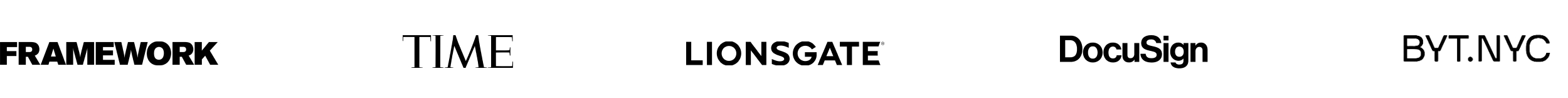 Company logos of Framework, TIME, Lionsgate, DocuSign, and BYT.NYC
